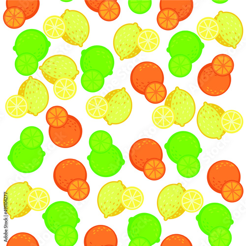 Fototapeta Naklejka Na Ścianę i Meble -  Lime orange lemon seamless background, tile hand-drawn. Print design for fabric, background. Colorful vector wallpaper. Seamless pattern with citrus collection.