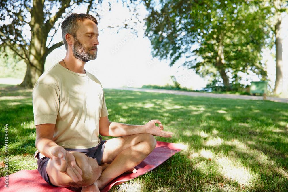 Obraz premium Serene underneath the trees. Shot of a handsome mature man meditating in the lotus position outdoors.