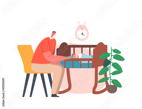 Single Father Character Sitting near Cradle with Little Baby. Happy Family of Parent with Kid Spending Time Together