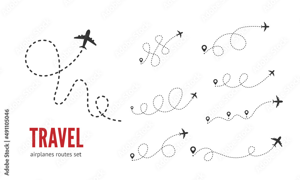 Airplane dashed lines path with start point and dash line trace vector set. Travel concept. Airplane routes - obrazy, fototapety, plakaty 