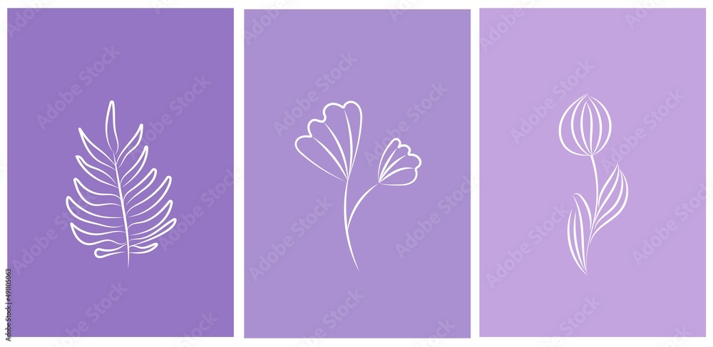 Vector linear abstract poster. Wallpaper in a minimalist style for spring and summer with botanical leaves, flowers, organic shapes. For poster, poster, background, postcard, website and packaging.