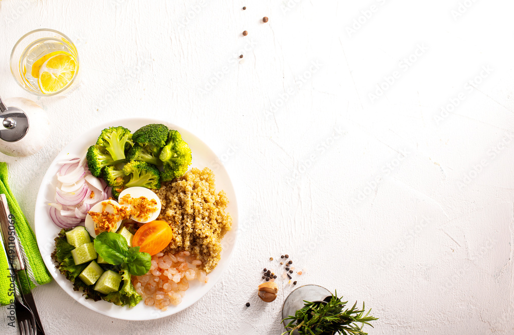 Salad with Prawns and Eggs with vegetables on plate Salad with Prawns and Eggs with vegetables on plate