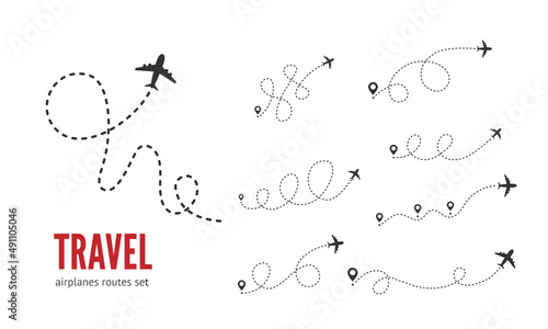 Airplane dashed lines path with start point and dash line trace vector set. Travel concept. Airplane routes