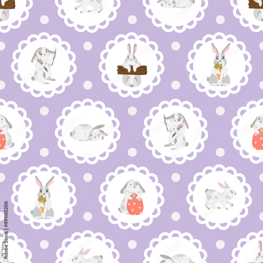 Happy Easter bunny vector seamless pattern. Spring background with rabbits or hares for textile, wallpaper or print design. Flat cartoon texture Illustration Happy Easter bunny vector seamless pattern. Spring background with rabbits or hares for textile, wallpaper or print design. Flat cartoon texture Illustration