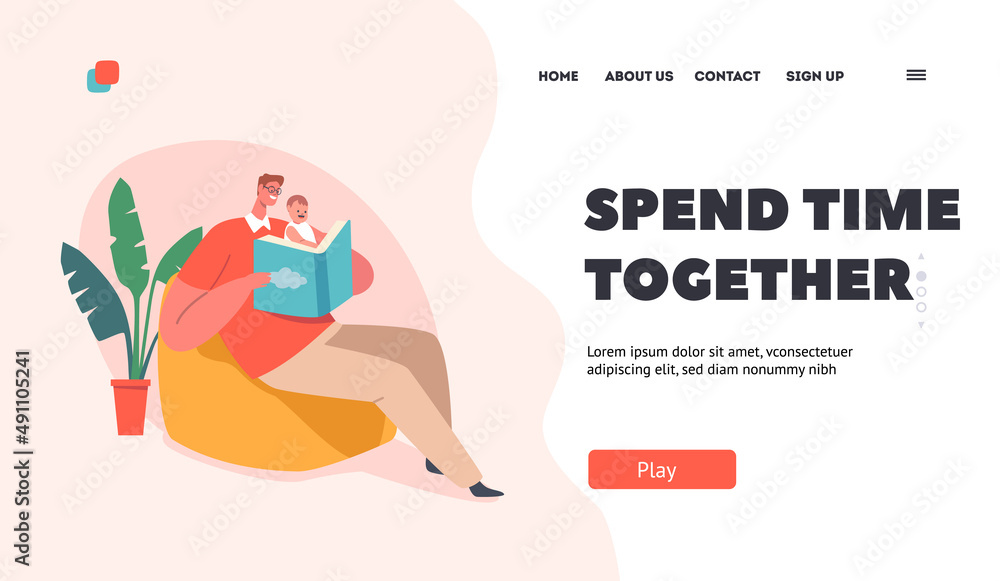 Obraz premium Happy Family Parent and Kid Spend Time Together Landing Page Template. Single Father Reading Book to Toddler Sparetime