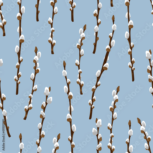 Easter spring twigs blossom pussy willow tree seamless pattern. Vector spring holiday texture in cartoon flat style. Fluffy willow branches background.