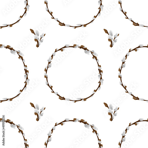 Easter pussy willow wreath seamless pattern. Spring branches vignette holiday texture. Happy Easter background. Fluffy willow vector design