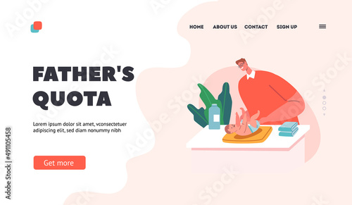 Fathers Quota Landing Page Template. Loving Father Changing Diapers to Cute Newborn Child. Father on Maternity Leave