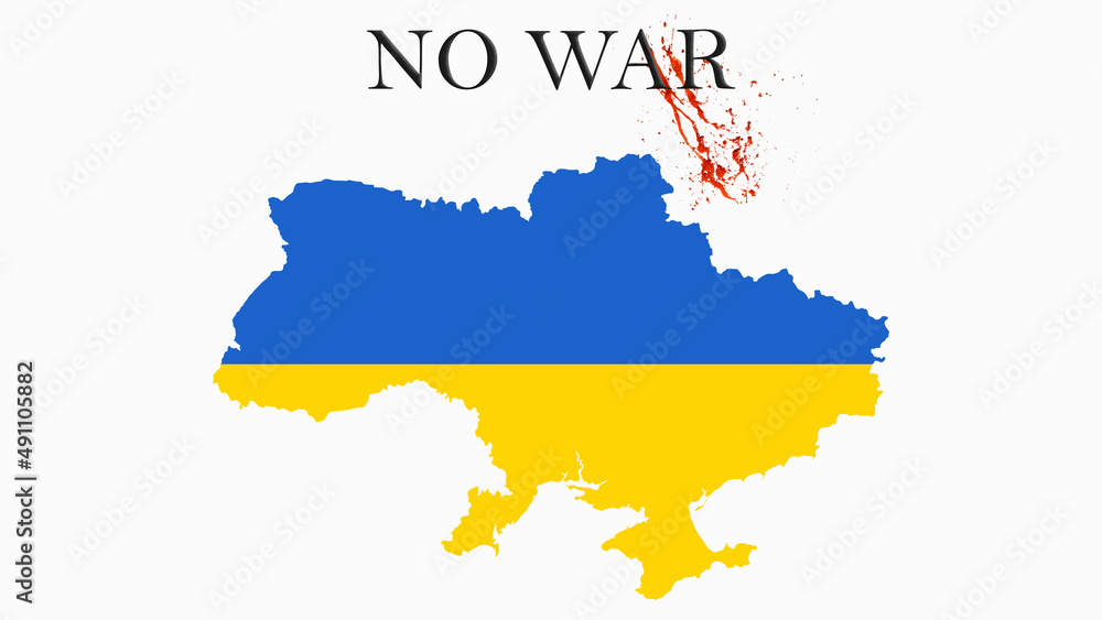 Text No to War and map of Ukraine, 3d rendering, blood splatter, white background Text No to War and map of Ukraine, 3d rendering, blood splatter, white background