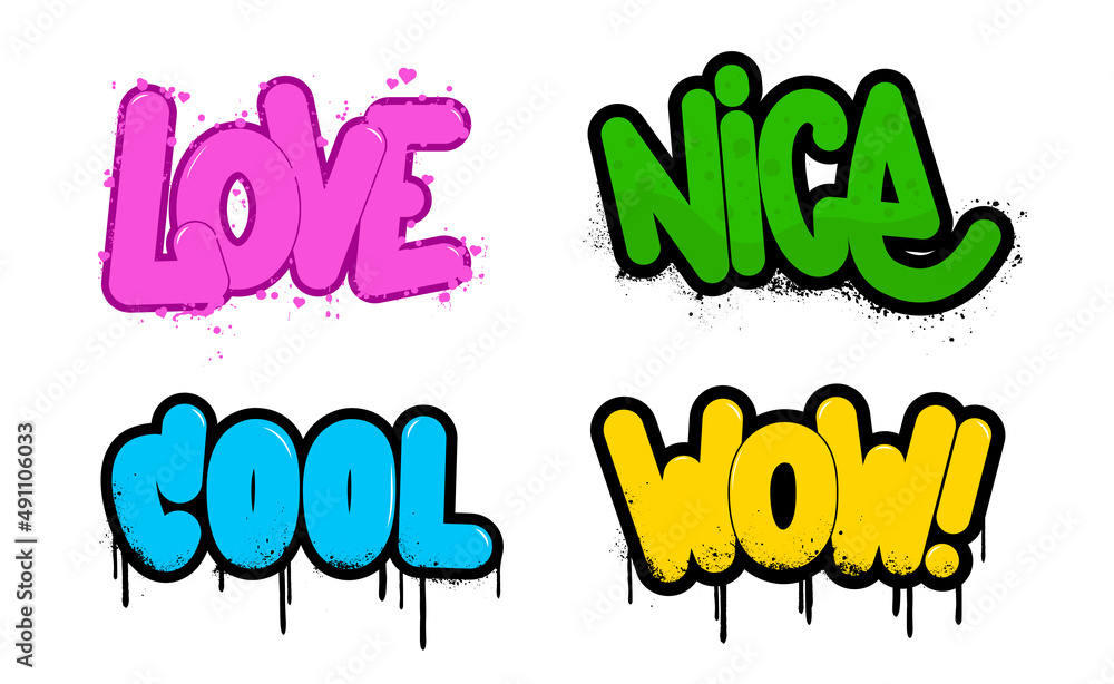 Cartoon graffiti, simple words - Love, Nice, Wow, Cool with spray effect. 3D lettering in street style. Stickers set in graffiti style. Collection phrases with spray effect. Vector isolated stickers Stock Vector | Cartoon graffiti, simple words - Love, Nice, Wow, Cool with spray effect. 3D lettering in street style. Stickers set in graffiti style. Collection phrases with spray effect. Vector isolated stickers Stock Vector |