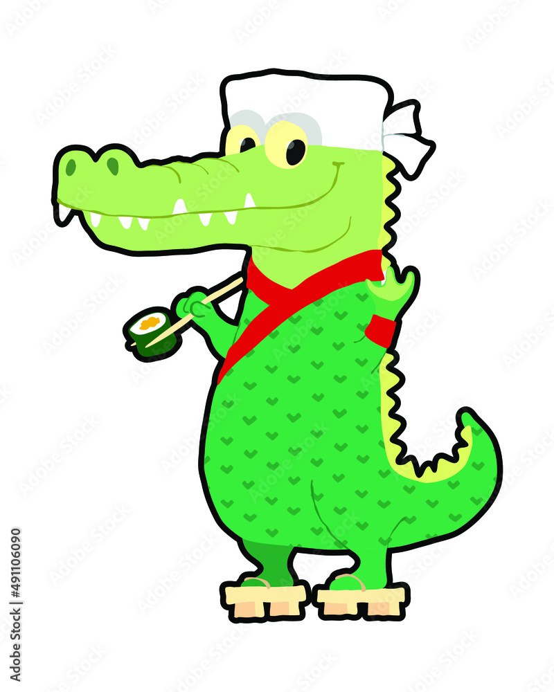 Naklejka premium Crocodile sushi chef holding roll with chopsticks