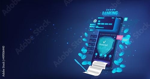 Application wallet or banking  with 3D mobile phone, debit card, documentation and receipts. Debit card payment, e-payment, NFC. Cyber security, data protection and credit cards. Mobile banking. 