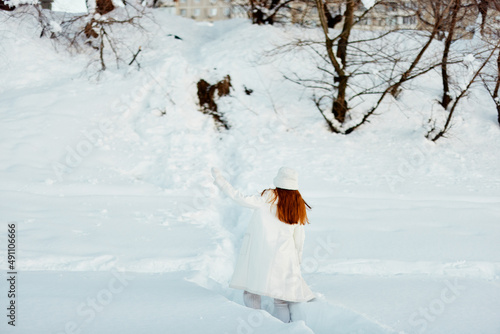 beautiful woman smile Winter mood walk white coat Lifestyle