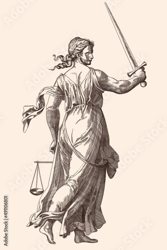 Themis is the goddess of justice with a sword and scales in her hands. Medieval engraving on a beige background.