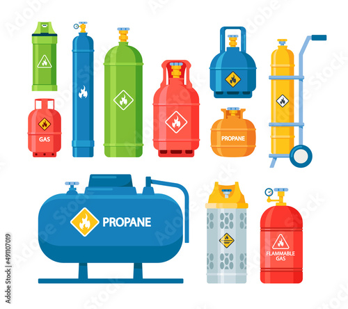 Set of Icons Gas Tanks and Cylinders with Compressed Oxygen, Propane Dangerous Flammable Liquid Isolated on White