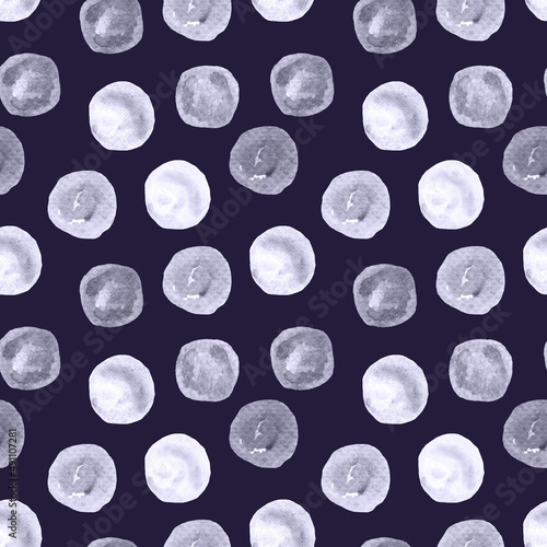 Seamless pattern black and white, gray, no color of circles, watercolor stains, soap bubbles on dark purple background.