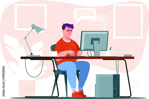 A man works on a computer at home. Businessman working remotely. Remote work, freelancer, home office business concept. Stock vector illustration
