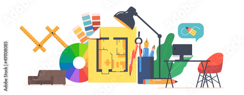Graphic Designer Creative Studio Interior with Huge Home Plan with Room Layout, Computer Pc on Desk, Color Palette, Lamp