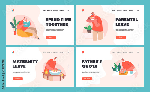 Single Father on Maternity Leave Care of Child Landing Page Template Set. Dad Feed Son with Bottle, Walk with Stroller