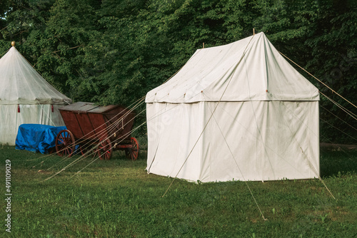 Vintage medieval wagons with food and tents on the background of the forest