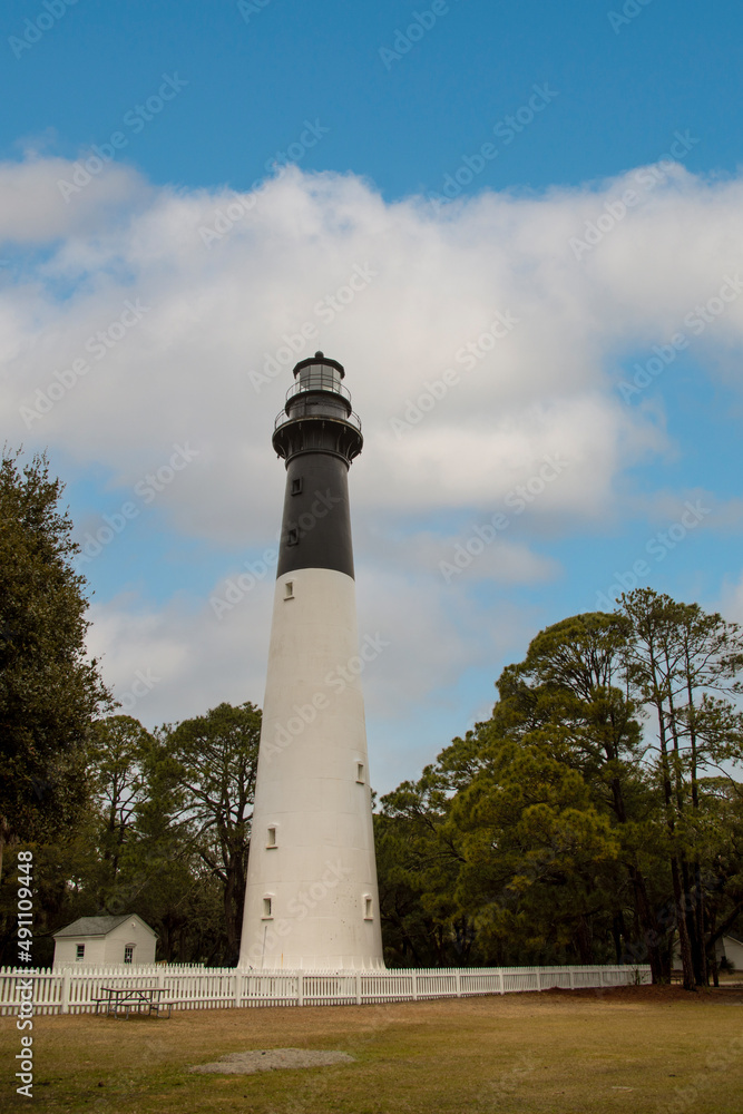 Hunitng Island Lighthouse with blue skies