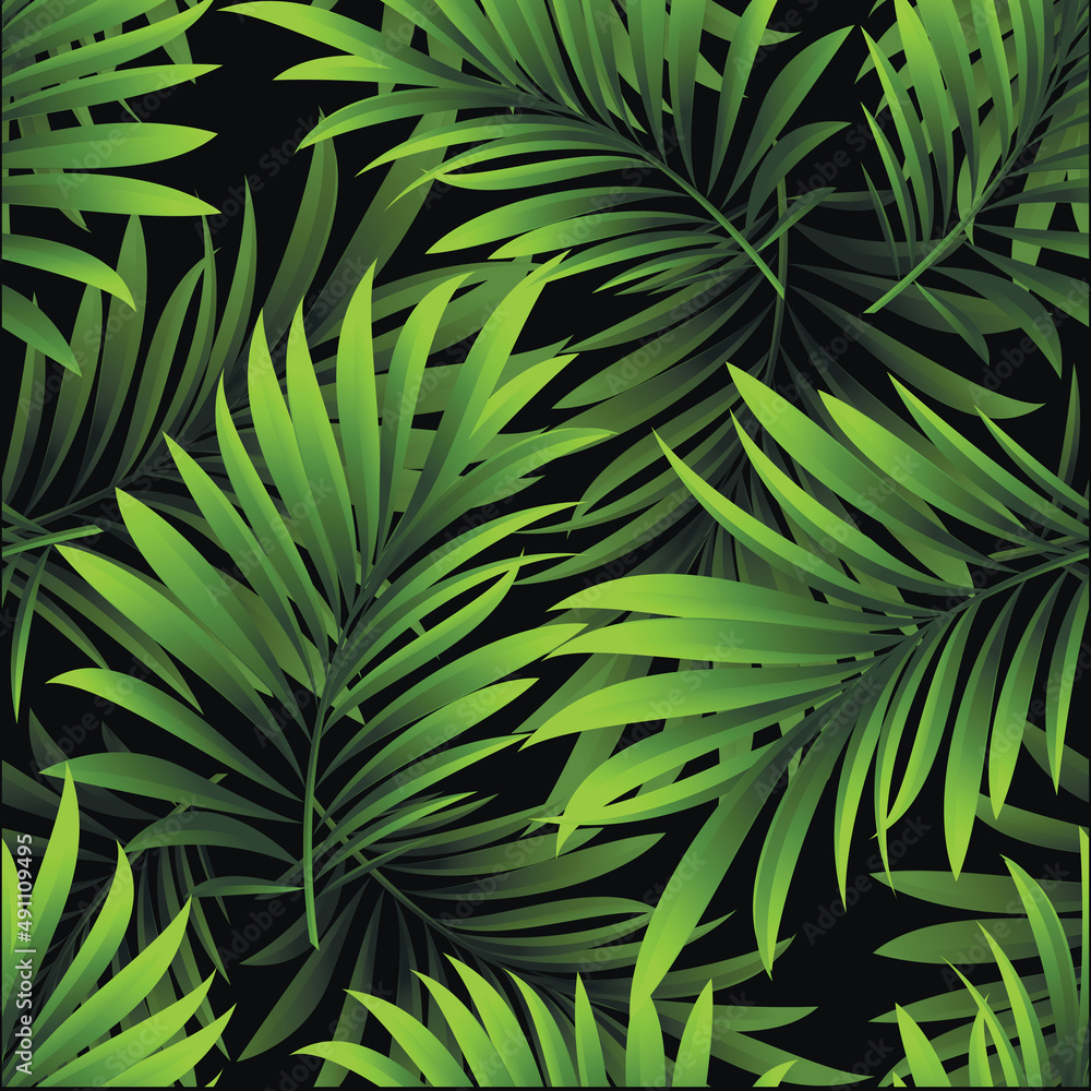 Fototapeta premium Palm. Seamless pattern with branches and leaves of tropical plants, trees. Vector image.