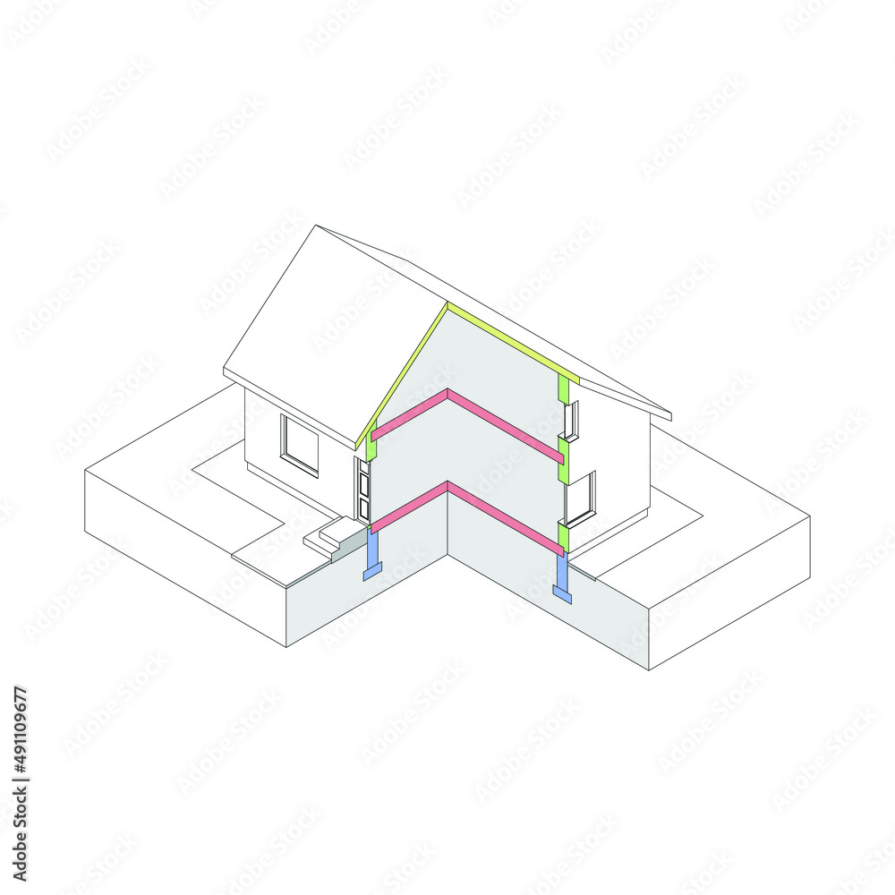 3D isometric house wireframe with marked elements 3D isometric house wireframe with marked elements