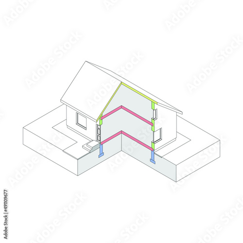 3D isometric house wireframe with  marked elements