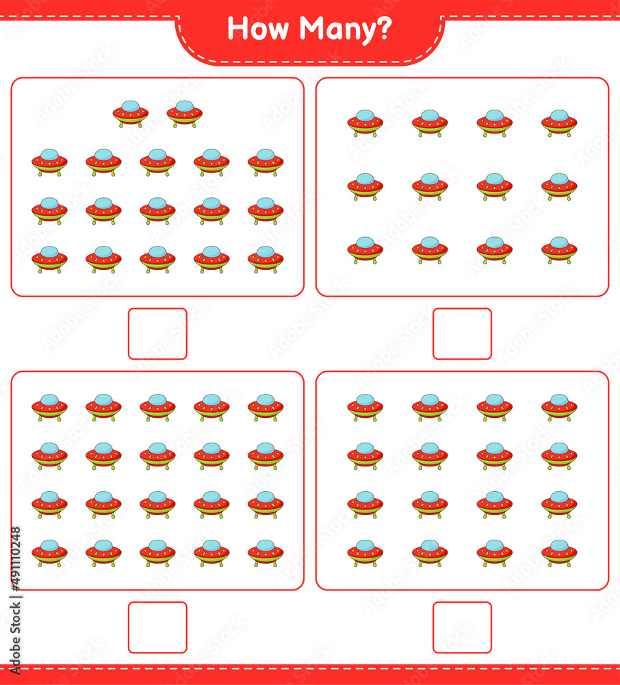 Counting game, how many Ufo. Educational children game, printable worksheet, vector illustration Counting game, how many Ufo. Educational children game, printable worksheet, vector illustration