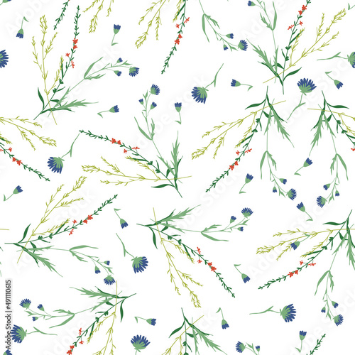 Blossom floral seamless pattern. Blooming botanical motifs scattered random. Trendy colorful vector texture. Fashion, ditsy print, fabric. Hand drawn different wild meadow flowers on white background