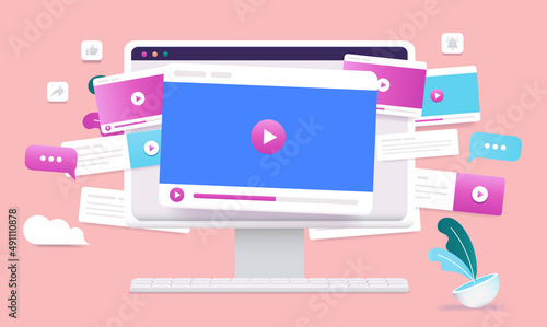 Online video channel on computer screen - Viral videos concept on desktop pc with media player windows and design elements flying around. Vector illustration