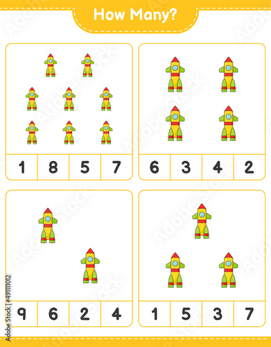 Counting game, how many Rocket. Educational children game, printable worksheet, vector illustration