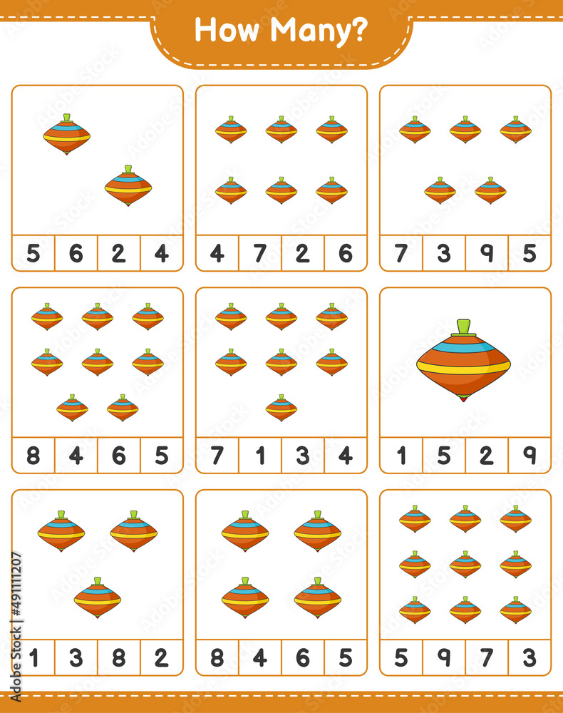 Counting game, how many Whirligig Toy. Educational children game, printable worksheet, vector illustration