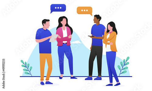 Team discussion - Group of casual people standing up having a meeting, talking and discussing business. Flat design vector illustration with white background © Knut