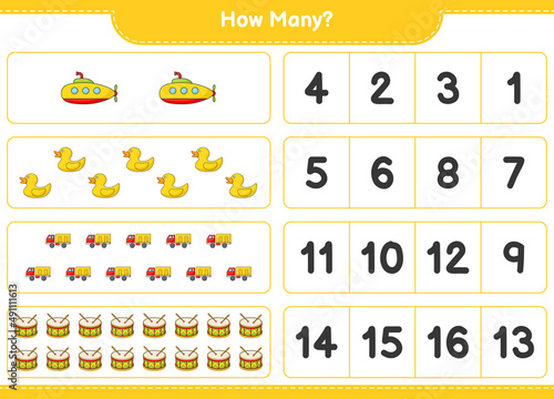 Counting game  how many Submarine  Rubber Duck  Lorry  and Drum. Educational children game  printable worksheet  vector illustration
