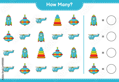 Counting game, how many Pyramid Toy, Whirligig Toy, Rocket, and Helicopter. Educational children game, printable worksheet, vector illustration