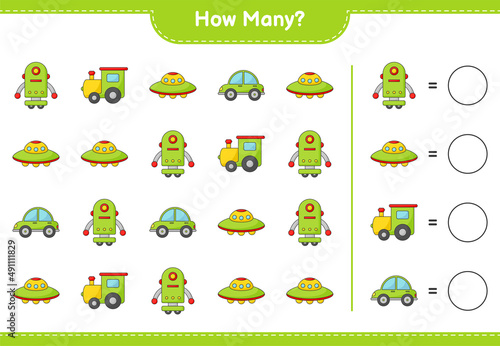 Photographie Counting game, how many Train, Robot Character, Car, and Ufo