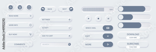 Set of vector buttons for websites, mobile applications. Neumorphism and toggles design. Light Web UI Elements and button for web and mobil app