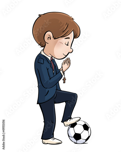 Praying boy making communion with soccer ball