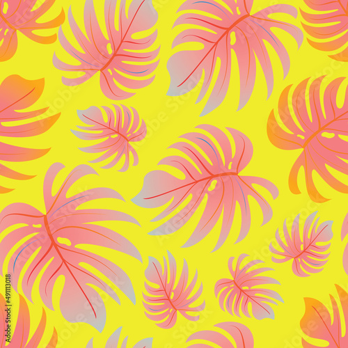 Palm. Seamless pattern with branches and leaves of tropical plants  trees. Vector image. 
