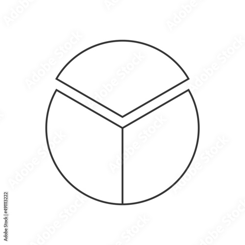 Circle segmented into 3 equal parts. Pie or pizza shape cut in three slices. Round statistics chart example isolated on white background. Vector outline illustration