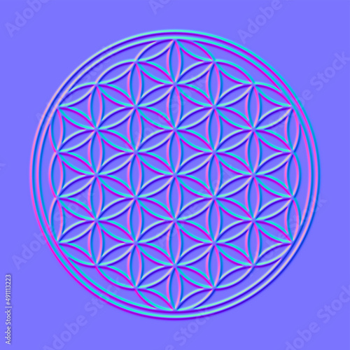 Flower of Life, in cosmic colors. 3D effect, mainly pink and purple colored, created with normal mapping technique. Hexagonal arranged circles, generating a flower-petal like pattern. Sacred Geometry.