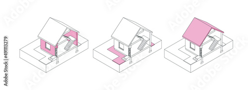 3D isometric house wireframe n section