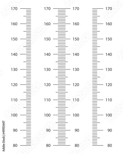 Stadiometer scale set from 80 to 170 cm. Kids height chart template for wall growth stickers isolated on white background. Vector graphic illustration. photo