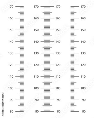 Stadiometer scale set from 80 to 170 cm. Kids height chart template for wall growth stickers isolated on white background. Vector graphic illustration.