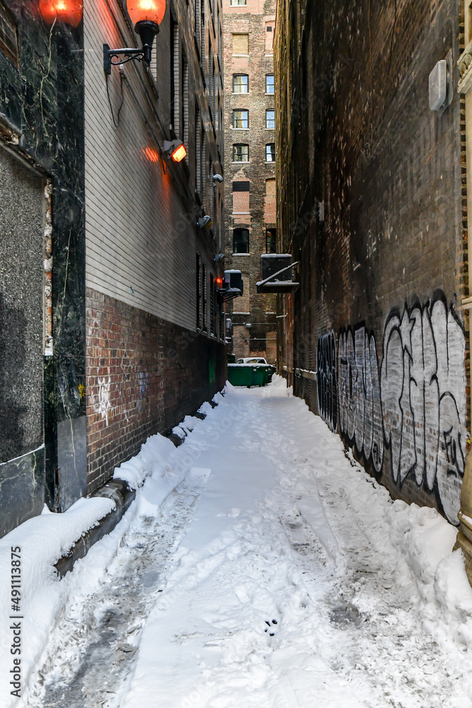 Fototapeta premium Urban alleyway lights and fire escapes in winter