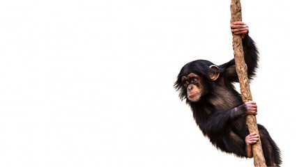 Cute baby chimpanzee ape climbing a vine isolated on a white background with room for text