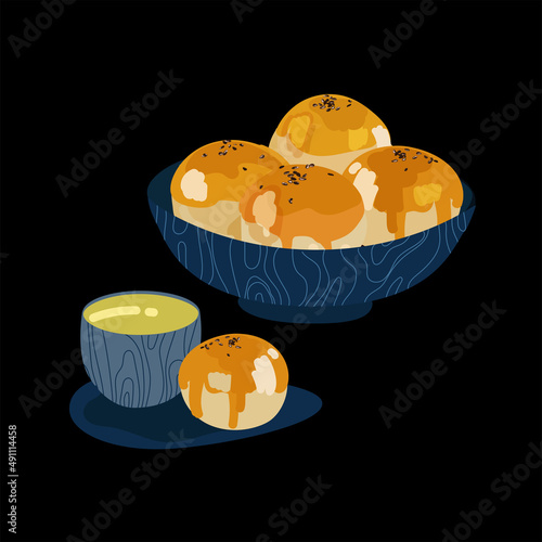 Taiwanese traditional dessert, egg yolk cookie Shortbread and green tea ,vector cartoon illustration on black background.Traditional Asian dessert.Food illustration