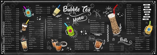Bubble milk tea, Pearl milk tea , Different sorts of Boba. Yummy drinks. Ads with delicious tapioca.  Restaurant cafe menu, template design. Food flyer. Chalk board, retro menu restaurant poster. 