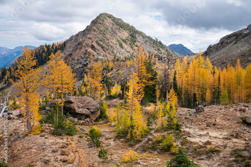 The alpine lakes wilderness with golden larches in the fall